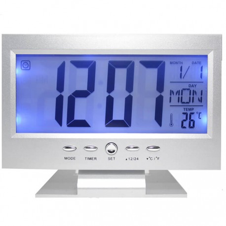 Ρολόι - Ξυπνητήρι με αισθητήρα ήχου, LCD οθόνη & ένδειξη θερμοκρασίας DS-8082 Ασημί