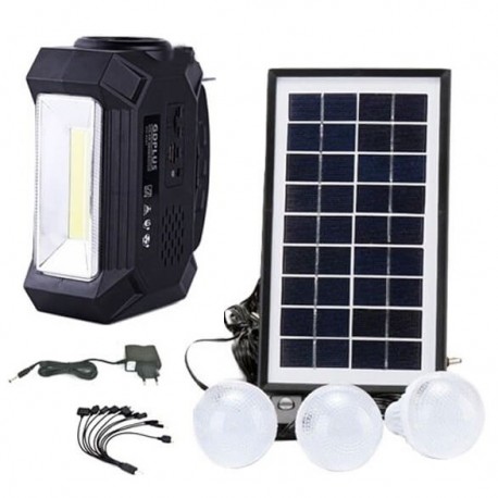 Ηλιακό Σύστημα φωτισμού & φόρτισης FM με panel, μπαταρία, φακό & 3 λάμπες GD-8161