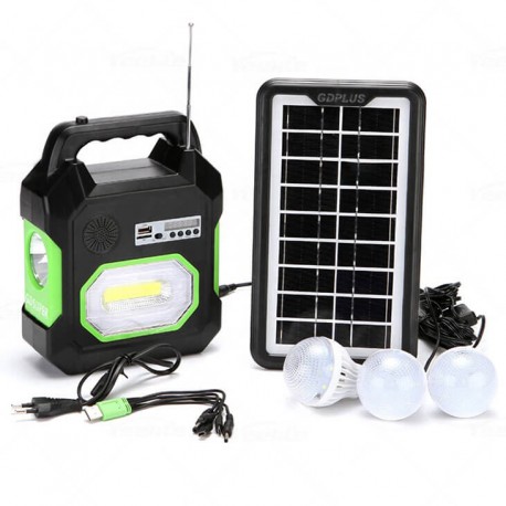Ηλιακό Σύστημα φωτισμού & φόρτισης FM με panel, μπαταρία, φακό & 3 λάμπες GD-15