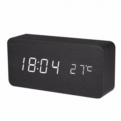 Ψηφιακό ξύλινο LED επιτραπέζιο ρολόι-ξυπνητήρι - Μαύρο ξύλο