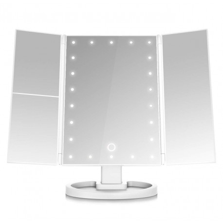 Περιστρεφόμενος τριπλός καθρέφτης μακιγιάζ με φωτισμό 22 Led και μεγέθυνση - Λευκό