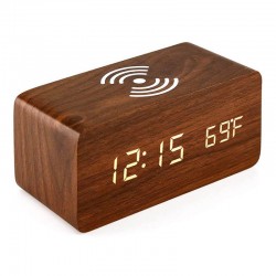 Ψηφιακό ξύλινο LED επιτραπέζιο ρολόι-ξυπνητήρι με ασύρματη φόρτιση Qi - Καφέ σκούρο