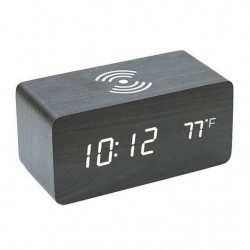 Ψηφιακό ξύλινο LED επιτραπέζιο ρολόι-ξυπνητήρι με ασύρματη φόρτιση Qi - Καφέ σκούρο